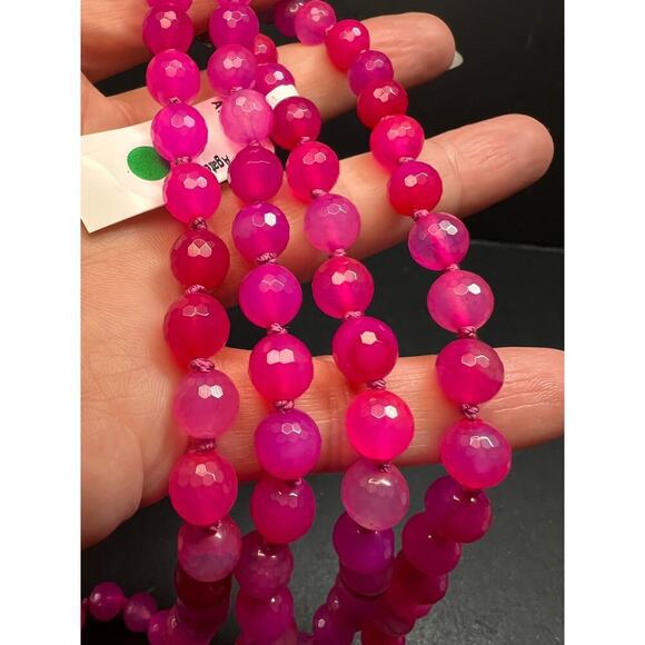NEW fuchsia pink agate 36 inch knotted bead necklace with sterling silver clasp - Picture 5 of 13
